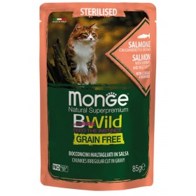 Monge Natural Super Premium Bwild cereale gratuit Formula Cat sterilizate somon cu creveți și legume GR. 85 Monge Natural Super Premium Bwild cereale gratuit Formula Cat