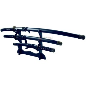 JAPAN SWORDS SET 3 SPADE GIAPPONESI DECORATIVE NERE CON SUPPORTO