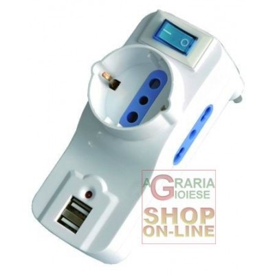 PRESA ADATTATORE TRIPLO 10/16A CON INTERRUTTORE SCHUKO E 2 USB